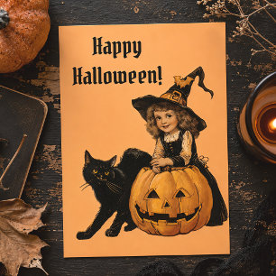 Vintage Halloween Witch Black Cat & Pumpkin Postcard