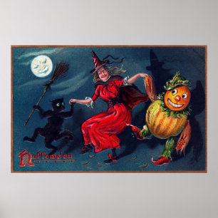 Vintage Halloween witch black cat pumpkin poster