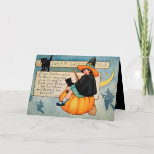 Vintage Halloween witch black cats Holiday card