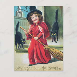 Vintage Halloween witch black cats postcard