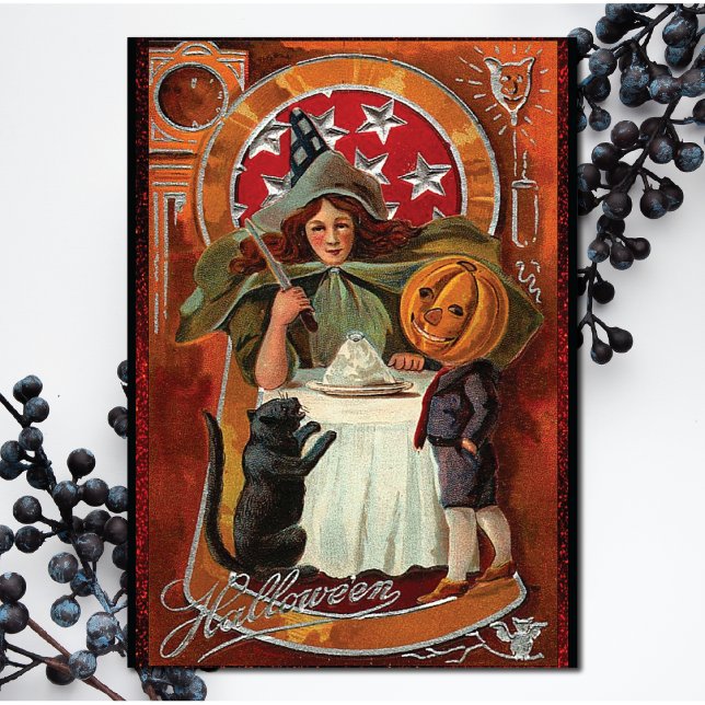 Vintage Halloween Witch Casting Spell with Wand Card (Creator Uploaded)