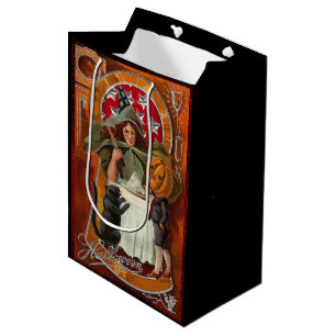 Vintage Halloween Witch Casting Spell with Wand Medium Gift Bag