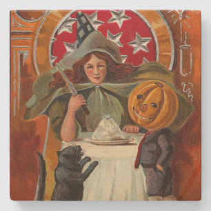 Vintage Halloween Witch Casting Spell with Wand Stone Coaster