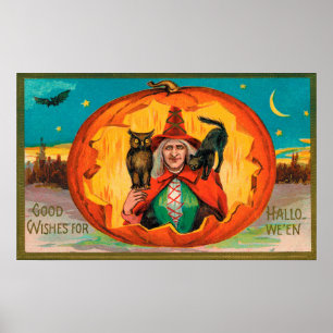 Vintage Halloween witch cat owl party decor poster