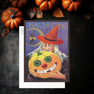 Vintage Halloween Witch, Cat, Pumpkin, LG Postcard
