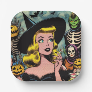 Vintage Halloween Witch Comics Paper Plate