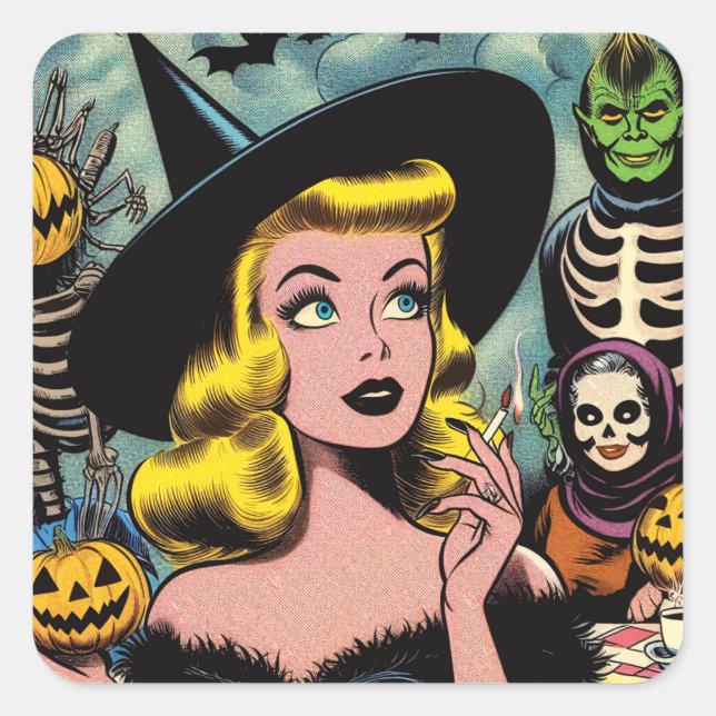 Vintage Halloween Witch Comics Square Sticker (Front)