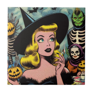 Vintage Halloween Witch Comics Tile