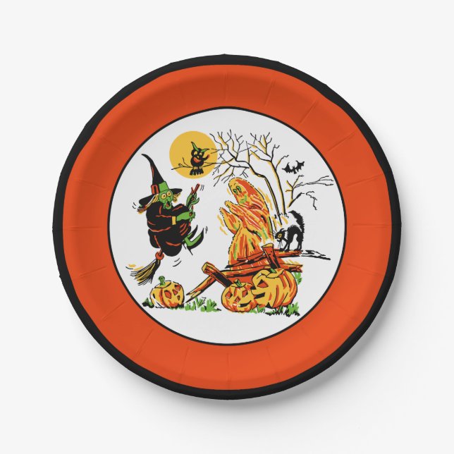 Vintage Halloween Witch & Ghost Paper Plate (Front)