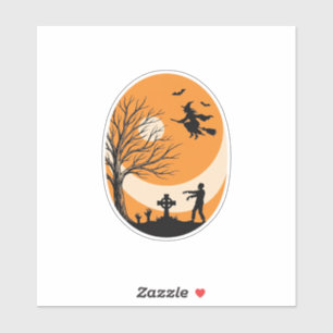 Vintage Halloween Witch Moon Graveyard Vector Desi