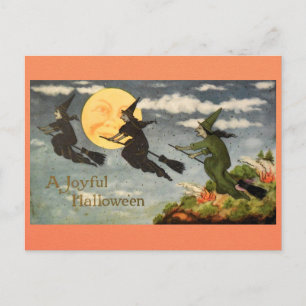 Vintage Halloween Witch Moon Retro Victorian Postcard