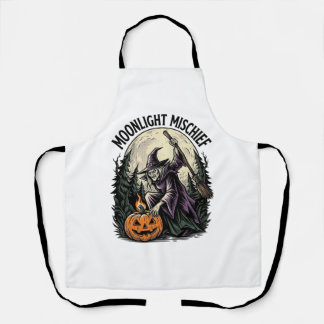 Vintage Halloween Witch Moonlight Mischief Graphic Apron