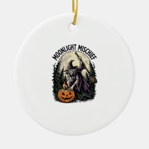 Vintage Halloween Witch Moonlight Mischief Graphic Ceramic Tree Decoration