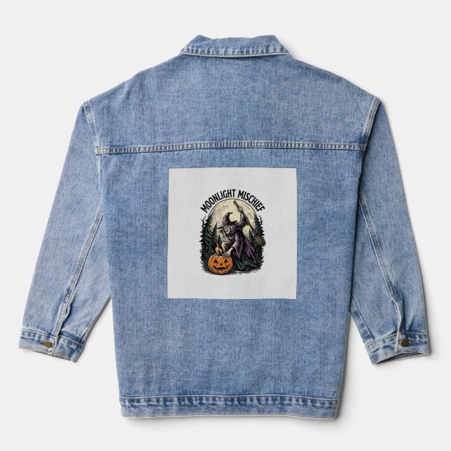 Vintage Halloween Witch Moonlight Mischief Graphic Denim Jacket (Back)