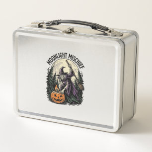 Vintage Halloween Witch Moonlight Mischief Graphic Metal Lunch Box