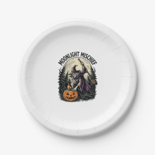 Vintage Halloween Witch Moonlight Mischief Graphic Paper Plate