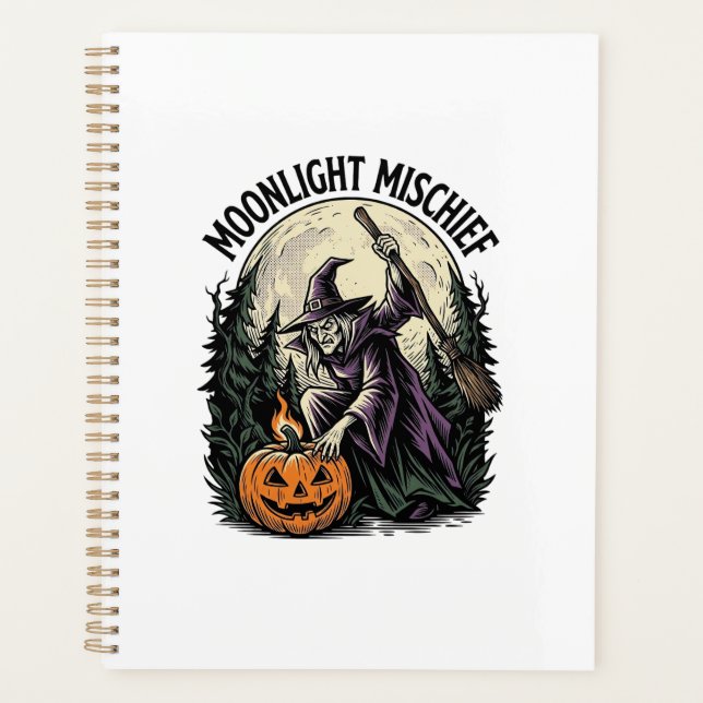 Vintage Halloween Witch Moonlight Mischief Graphic Planner (Front)