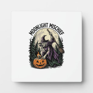 Vintage Halloween Witch Moonlight Mischief Graphic Plaque