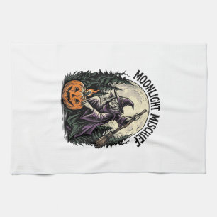 Vintage Halloween Witch Moonlight Mischief Graphic Tea Towel