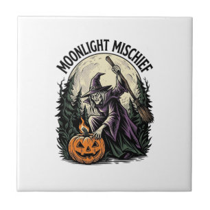Vintage Halloween Witch Moonlight Mischief Graphic Tile