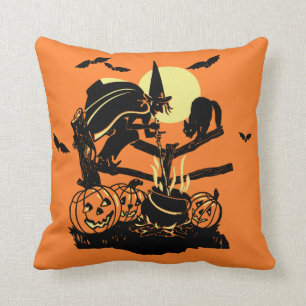 Vintage Halloween Witch on Fence Throw Pillow