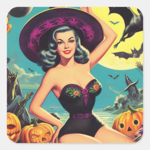 Vintage Halloween Witch Pin Up Square Sticker