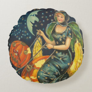 Vintage Halloween Witch Poster Round Cushion