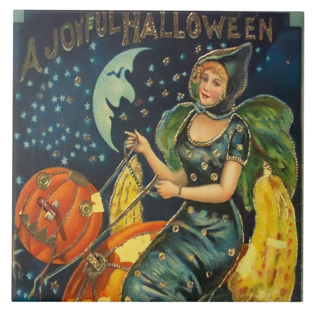 Vintage Halloween Witch Poster Tile (Front)