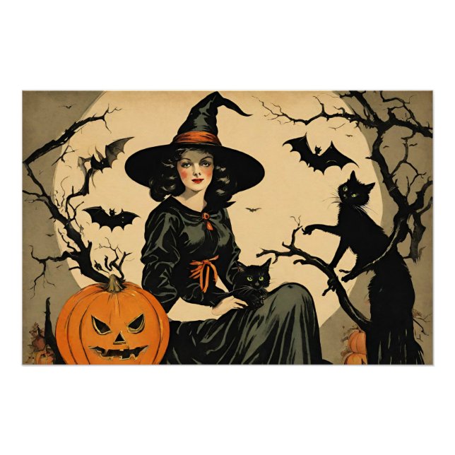Vintage Halloween Witch, Pumpkin, Black Cat, Bats  Poster (Front)