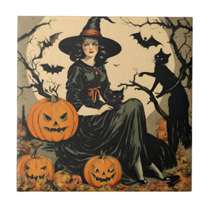 Vintage Halloween Witch, Pumpkin, Black Cat, Bats  Tile