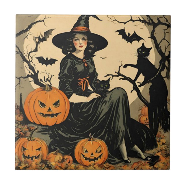 Vintage Halloween Witch, Pumpkin, Black Cat, Bats  Tile (Front)