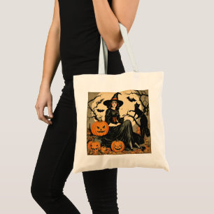 Vintage Halloween Witch, Pumpkin, Black Cat, Bats  Tote Bag