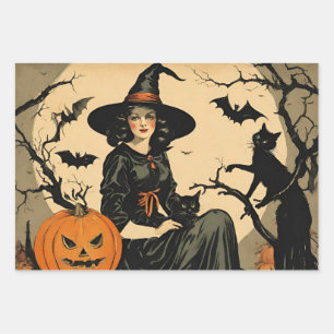 Vintage Halloween Witch, Pumpkin, Black Cat, Bats  Wrapping Paper Sheet