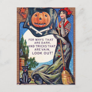 Vintage Halloween witch pumpkin cat postcard