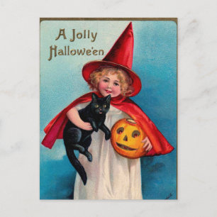 Vintage Halloween witch pumpkin Holiday postcard