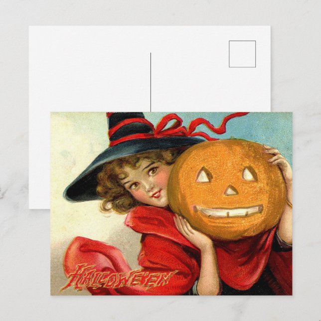 vintage Halloween witch pumpkin Holiday Postcard (Front/Back)