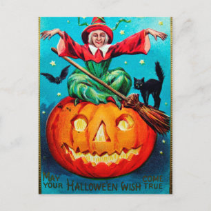 Vintage Halloween witch pumpkin Holiday postcard