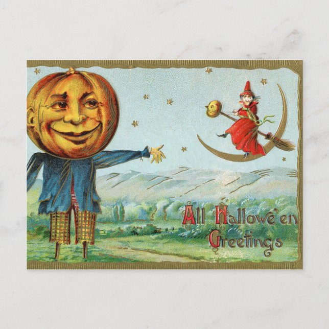 Vintage Halloween witch pumpkin scarecrow postcard (Front)