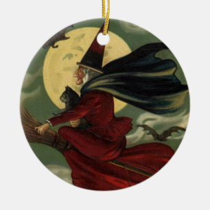 Vintage Halloween Witch Riding a Broom with Cat Ceramic Tree Decoration