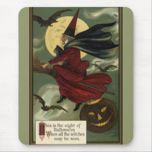 Vintage Halloween Witch Riding a Broom with Cat Mouse Mat