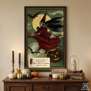 Vintage Halloween Witch Riding a Broom with Cat Poster