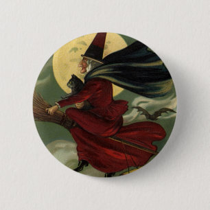 Vintage Halloween Witch Riding Broomstick with Cat 6 Cm Round Badge