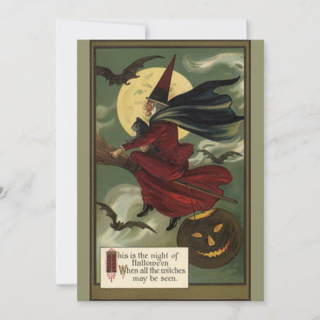 Vintage Halloween Witch Riding Broomstick with Cat Invitation (Front)