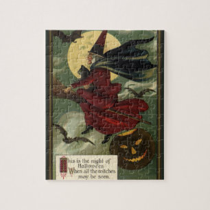 Vintage Halloween Witch Riding Broomstick with Cat Jigsaw Puzzle