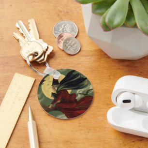 Vintage Halloween Witch Riding Broomstick with Cat Key Ring