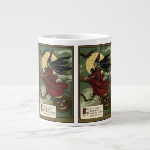 Vintage Halloween Witch Riding Broomstick with Cat Large Coffee Mug