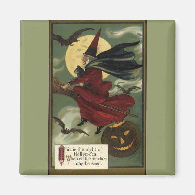 Vintage Halloween Witch Riding Broomstick with Cat Magnet (Front)