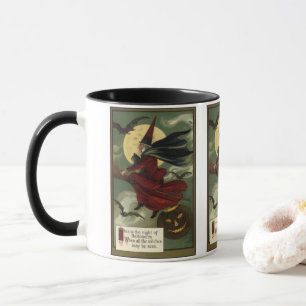 Vintage Halloween Witch Riding Broomstick with Cat Mug