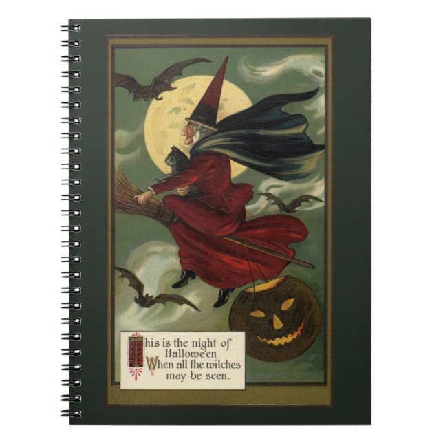 Vintage Halloween Witch Riding Broomstick with Cat Notebook (Front)