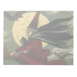 Vintage Halloween Witch Riding Broomstick with Cat Notepad
